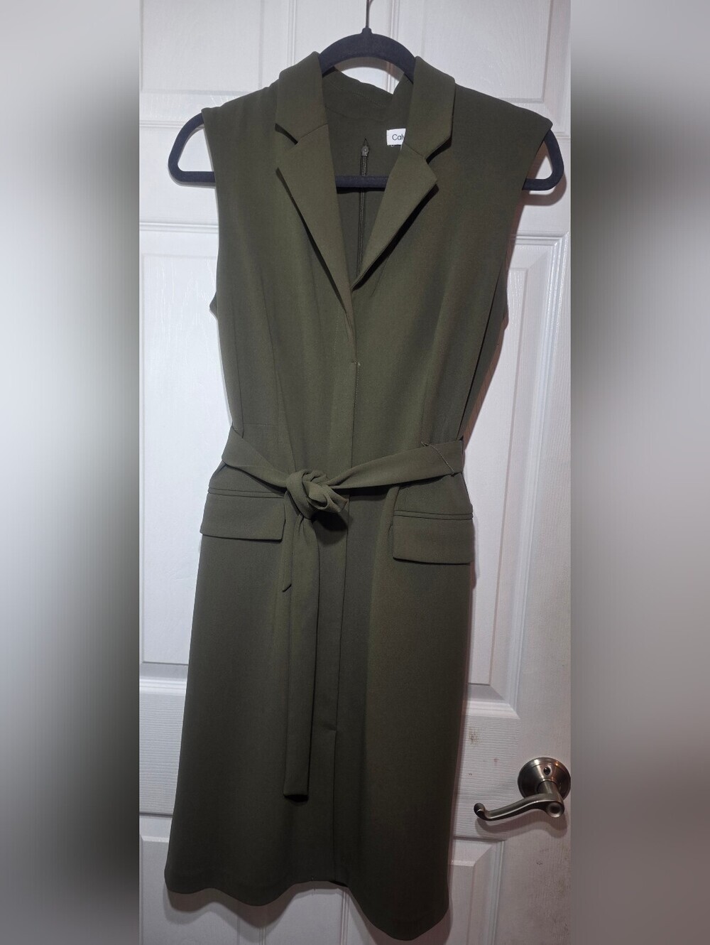 Calvin Klein Olive Green Sleeveless Belted Sheath Dress Size 4 Preowned